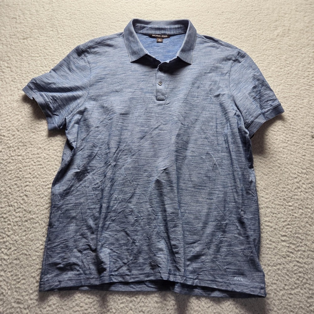 Michael Kors Polo Shirt Mens XL Blue Solid Short Sleeve Stretch Knit Logo Top
